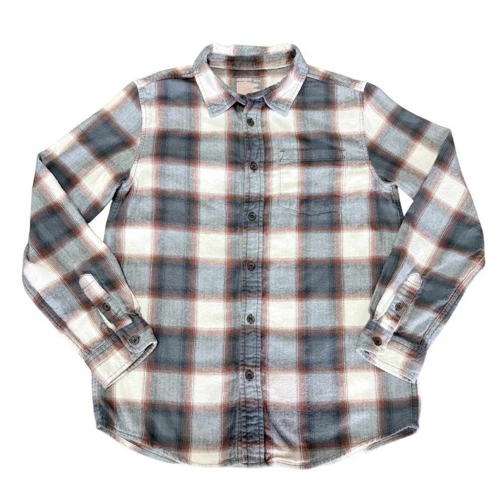 Cat & Jack Boys XL (14) Plaid Button-Up Long Sleeve Shirt Gray/Brown Flannel Kid